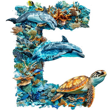 The letter 'E' designed with marine animals, such as dolphins, fish, and turtles, integrated seamlessly to create a flowing and unique composition on a pure white background