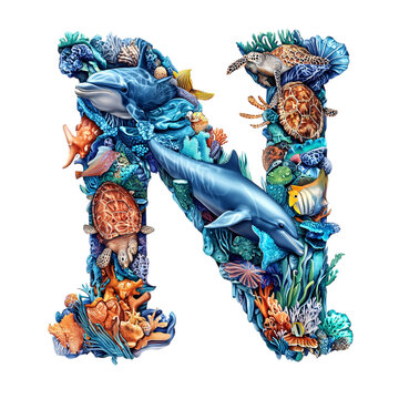 The letter 'N' designed with marine animals, such as dolphins, fish, and turtles, integrated seamlessly to create a flowing and unique composition on a pure white background