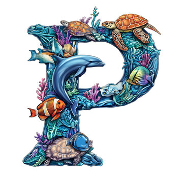 The letter 'P' designed with marine animals, such as dolphins, fish, and turtles, integrated seamlessly to create a flowing and unique composition on a pure white background