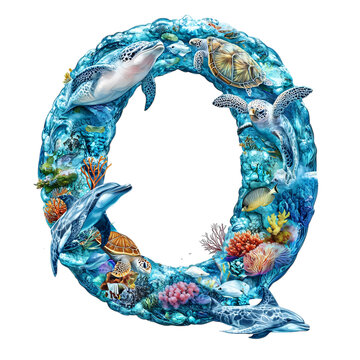 The letter 'Q' designed with marine animals, such as dolphins, fish, and turtles, integrated seamlessly to create a flowing and unique composition on a pure white background