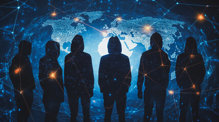 Hacker are planning to hack and attack networks and cyber security systems.team people innovation connection of line from nail node to node on map background , networking concept