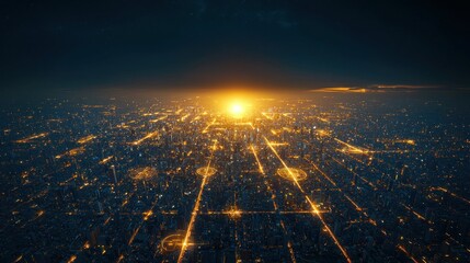 Wall Mural - Aerial cityscape at sunset with network connections.