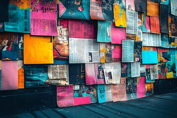 Poster - colorful grunge background composed of vibrant newspaper and magazine clippings layered with graffit