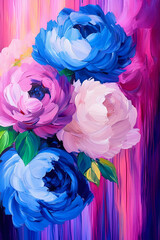 Sticker - A vibrant painting of colorful peonies against a bold background, showcasing shades of pink and blue with smooth brush strokes.