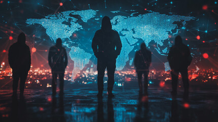 Hacker are planning to hack and attack networks and cyber security systems.team people innovation connection of line from nail node to node on map background , networking concept