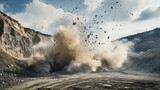 Controlled explosion in quarry with dust debris and rock fragments flying in the air