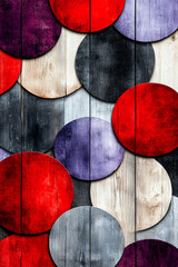 Sticker - A vibrant arrangement of circular shapes in red, purple, and gray, set against a wooden background, creating a visually striking pattern.