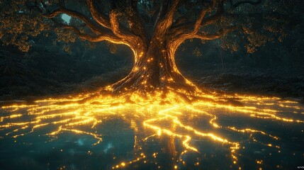 Leinwandbilder - An ancient glowing tree with its roots sprawling across a translucent lake