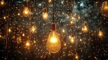 Wall Mural - Suspended light bulb surrounded by glowing particles in a calm dark atmosphere