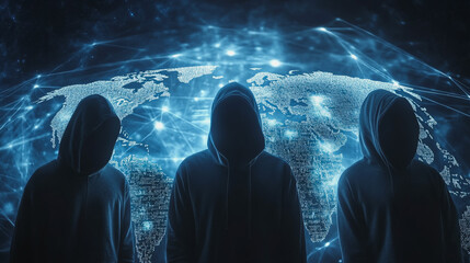 Hacker are planning to hack and attack networks and cyber security systems.team people innovation connection of line from nail node to node on map background , networking concept