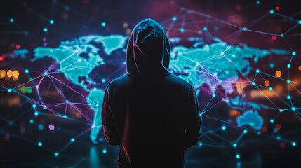 Hacker are planning to hack and attack networks and cyber security systems.team people innovation connection of line from nail node to node on map background , networking concept