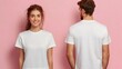 © creative - Young couple wearing white t shirts on pink background, front and back views
