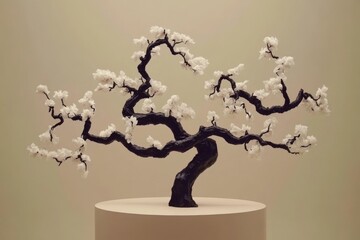 Poster - In the front view, a geometric podium platform stands for product presentation alongside a spring flowering tree branch with white flowers on a pastel beige background