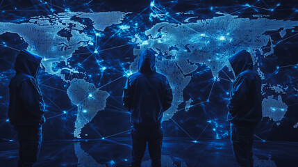 Hacker are planning to hack and attack networks and cyber security systems.team people innovation connection of line from nail node to node on map background , networking concept