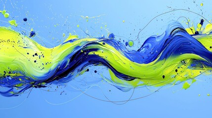 Wall Mural - Blue & yellow liquid splash wave on light blue background.