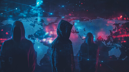 Hacker are planning to hack and attack networks and cyber security systems.team people innovation connection of line from nail node to node on map background , networking concept