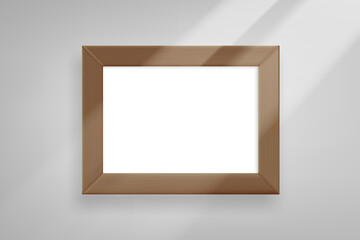 Aufkleber - Horizontal wood photo frame on bright wall with sun beam. 3d vector mockup