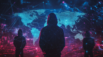 Hacker are planning to hack and attack networks and cyber security systems.team people innovation connection of line from nail node to node on map background , networking concept