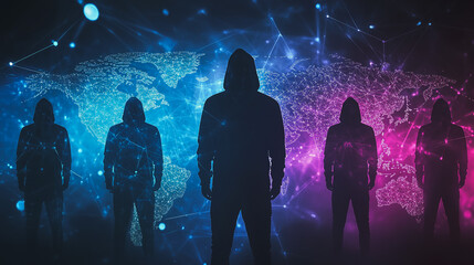 Hacker are planning to hack and attack networks and cyber security systems.team people innovation connection of line from nail node to node on map background , networking concept