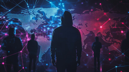 Hacker are planning to hack and attack networks and cyber security systems.team people innovation connection of line from nail node to node on map background , networking concept