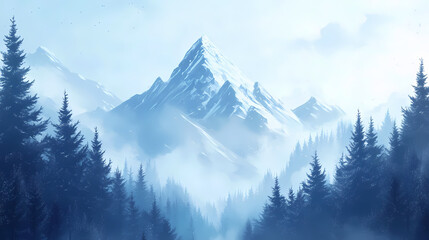  Serene majestic snow-capped peak rises above frozen misty valley surrounded by dense forest of frosted evergreen trees. Serene Valley. Illustration