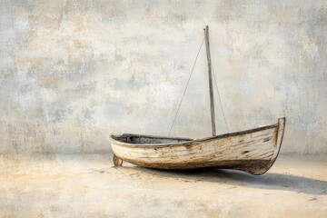 Poster - Weathered wooden sailboat rests on sandy ground against a textured wall, evoking serenity and age.