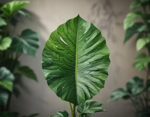 Wall Mural - Alocasia green leaf against a blurred background, nature, green leaf