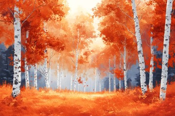 Wall Mural - Birch trees with orange leaves creating a magical autumn forest