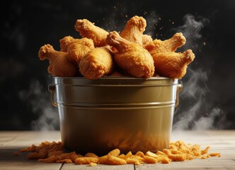 Wall Mural - A steaming bucket of golden fried chicken, overflowing with crispy tenders and savory juices , takeaway-container, takeaway-boxes, food-containers