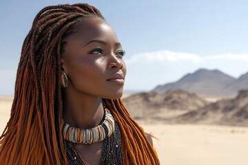 Wall Mural - Indigenous model wearing traditional jewelry posing in desert landscape