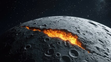 Wall Mural - A celestial body with a fiery crevice illuminated against a starry cosmic background