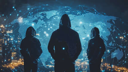 Hacker are planning to hack and attack networks and cyber security systems.team people innovation connection of line from nail node to node on map background , networking concept