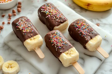 Wall Mural - Frozen banana popsicles covered with chocolate and sprinkles lying on marble cutting board