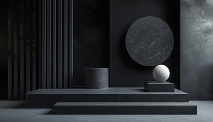 Poster - Abstract Display Composition: Dark Black Geometric Shapes On Empty Podium. Cosmetics Product Presentation Platforms For Showcase And Promotion In Studio Room.