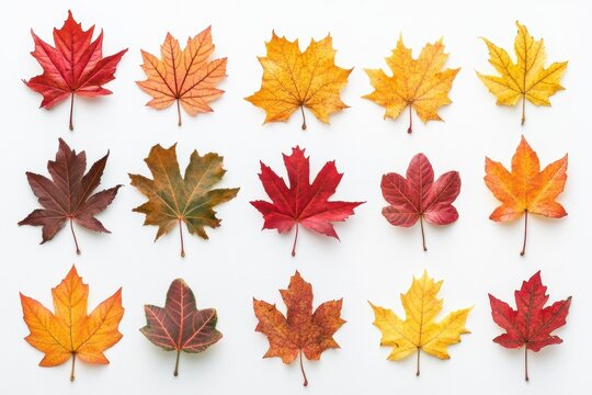 Collection of autumn maple leaves isolated on white background