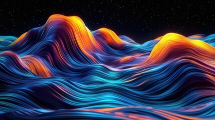 Wall Mural - Colorful abstract waves landscape at night with starry sky.