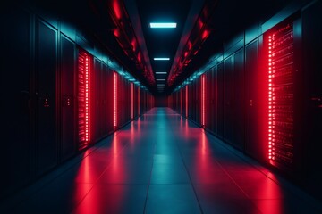 Poster - Server room is illuminated with red and blue lights in data center