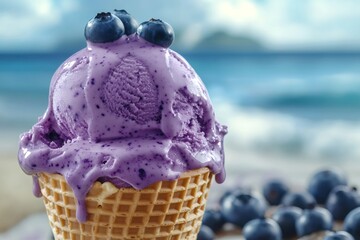 Wall Mural - Melting blueberry ice cream in waffle cone with fresh blueberries on blurred beach background