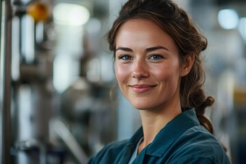 Fototapete - Confident female engineer smiling in a modern industrial factory