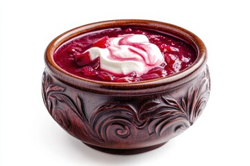 Classic Ukrainian borscht Bowl of red beet soup topped with cream Tasty beet soup Tradi