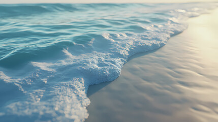 Wall Mural - A close-up view of gentle waves on a tranquil sea, showcasing the shimmering blue water under soft light. Shimmering Shores. Illustration