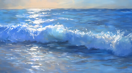 Wall Mural - A close-up view of gentle waves on a tranquil sea, showcasing the shimmering blue water under soft light. Shimmering Shores. Illustration