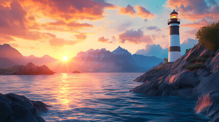 Wall Mural - A stunning lighthouse at sunset, casting warm light over rocky shores and shimmering waters, with mountains in the background. Shimmering Shores. Illustration