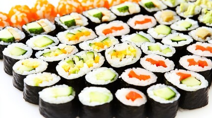 Wall Mural - A platter of colorful vegetable sushi rolls with avocado, cucumber, and carrot