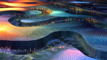 Fototapete - Abstract digital landscape with colorful waves and glowing dots creating a futuristic design