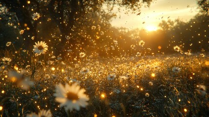 Wall Mural - Golden hour daisy field, magical sunset, falling petals, nature fantasy