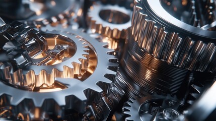 Poster - Close-up view highlights the detailed design of metallic gears interlocking with each other, demonstrating the complexity of mechanical engineering. Subtle reflections enhance the aesthetic