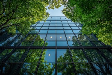 Wall Mural - green glass building reflecting sunlight surrounded by trees symbolizing sustainable architecture an