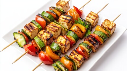 Wall Mural - A platter of colorful veggie skewers with marinated tofu cubes, bell peppers, zucchini