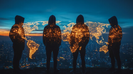Hacker are planning to hack and attack networks and cyber security systems.team people innovation connection of line from nail node to node on map background , networking concept